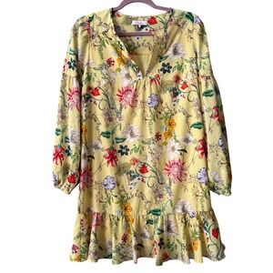 Parker Floral Ruffle Hem Dress – Yellow Multi Birds Flowers Size Small